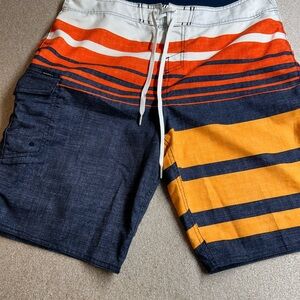 O'Neill Orange and Navy Striped Board Shorts, size 34